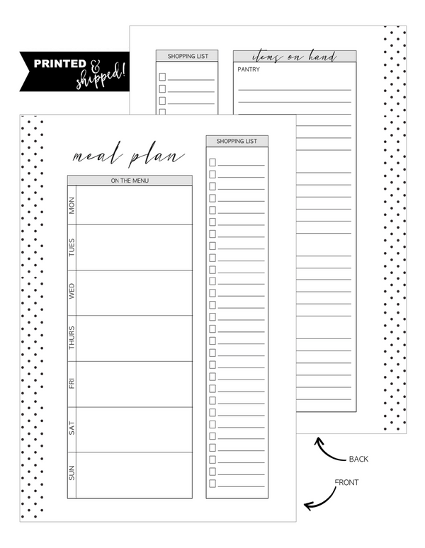 Meal Planner Fold Out Fill Paper <PRINTED AND SHIPPED> HALF SHEET