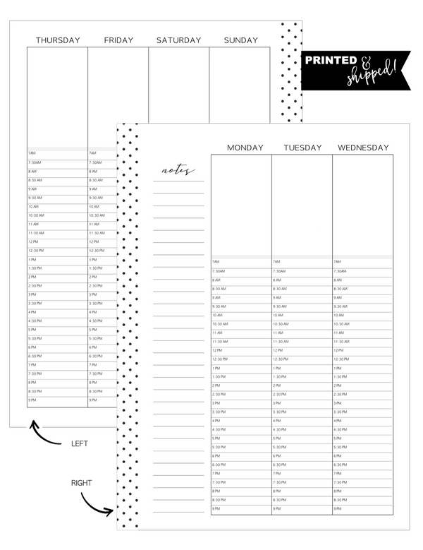 Vertical Hourly Planner Inserts MONDAY START [Full Year] <Un-Dated PRINTED AND SHIPPED>
