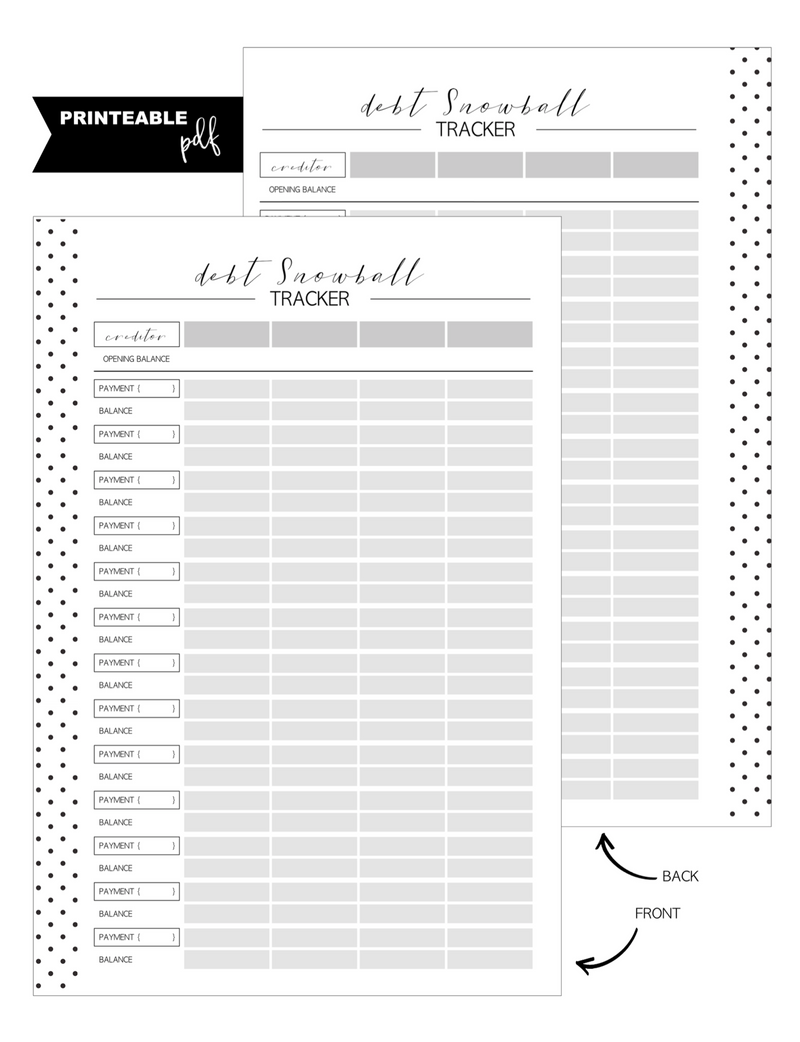 Minimal debt snowball tracker layout with creditor, payment, and balance fields