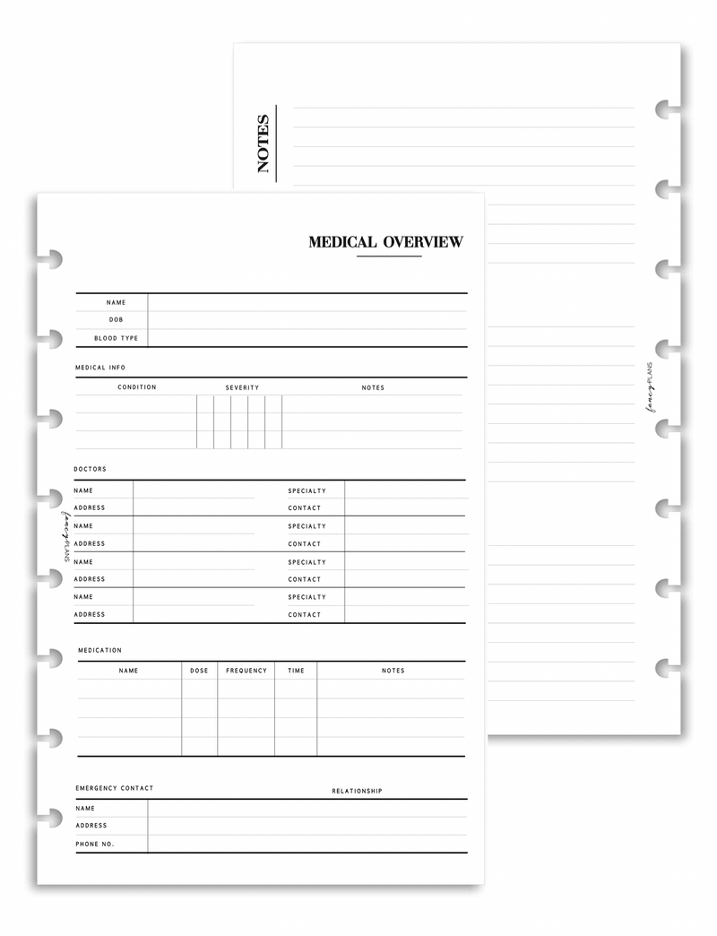 Planner Medical Insert Planner Inserts | Medical Overview – Fancy Plans Co
