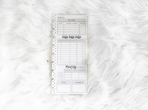 Bill and Expense Tracker White Board Insert <Half Sheet>