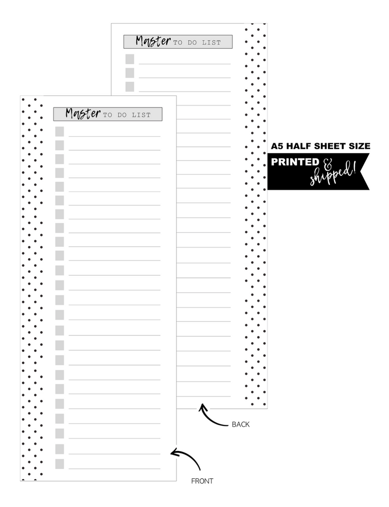 Half Sheet Master To Do List Fill Paper Inserts <PRINTED AND SHIPPED> A5 + Half Sheet
