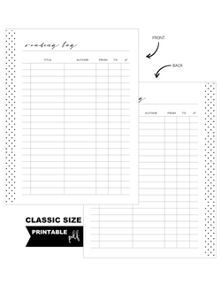 Book Reading Log Standard Fill Paper Inserts <PRINTABLE PDF>