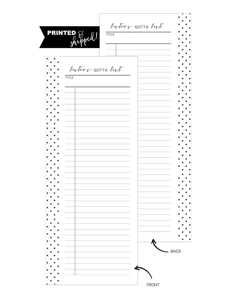 Half Sheet Listers Gotta List Fill Paper Inserts <PRINTED AND SHIPPED> A5 + Half Letter