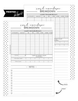 Cash Envelope Breakdown Fill Paper Inserts <PRINTED AND SHIPPED>