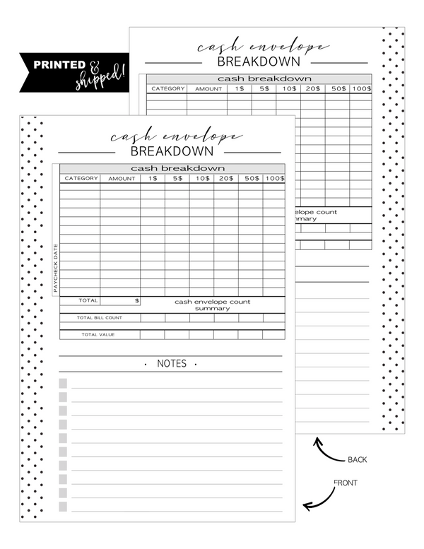 Cash Envelope Breakdown Fill Paper Inserts <PRINTED AND SHIPPED>