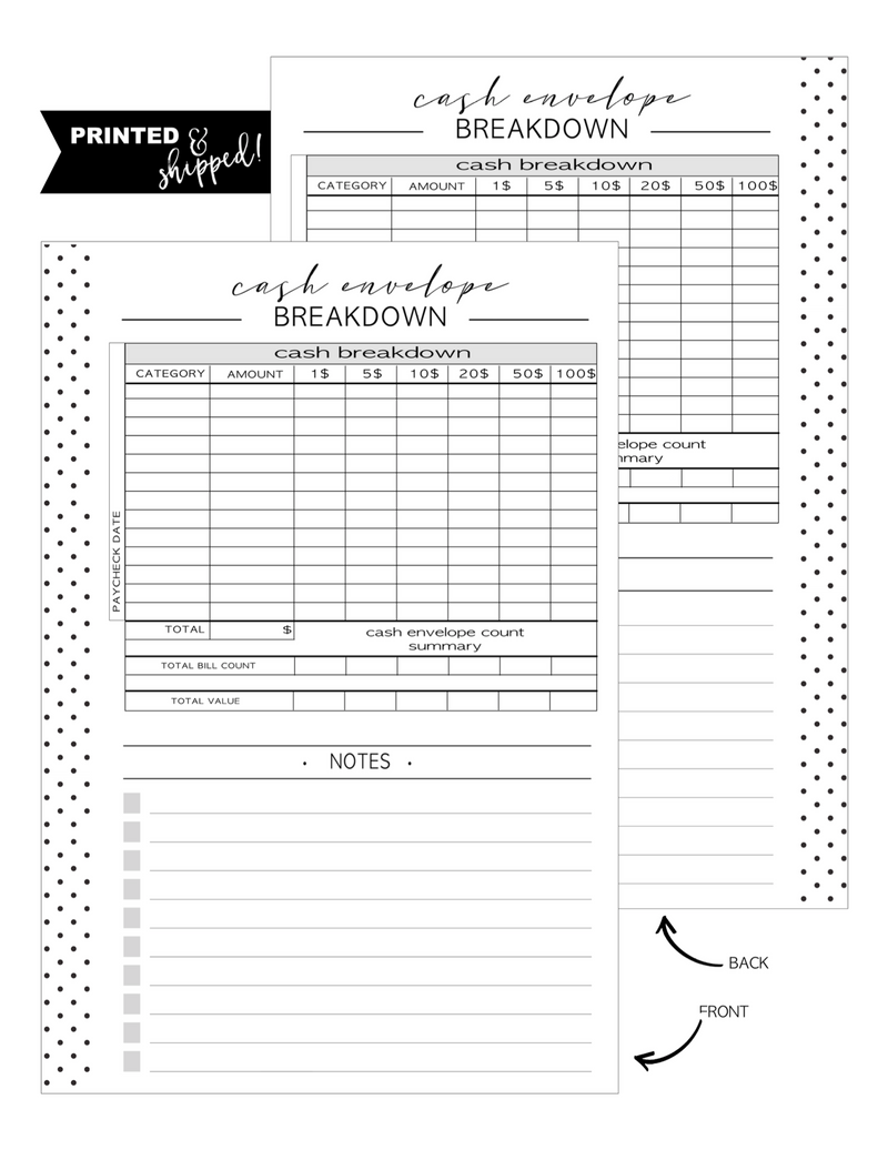 Cash Envelope Breakdown Fill Paper Inserts <PRINTED AND SHIPPED>