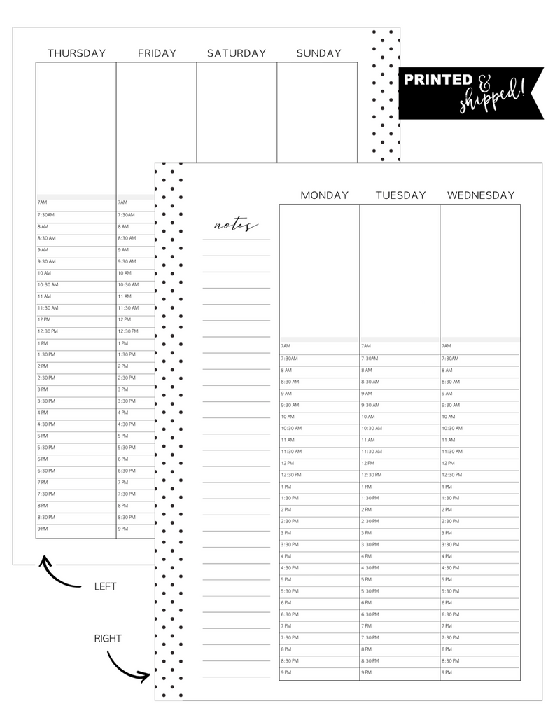 Vertical Hourly Planner Inserts MONDAY START [Full Year] <Un-Dated PRINTED AND SHIPPED>