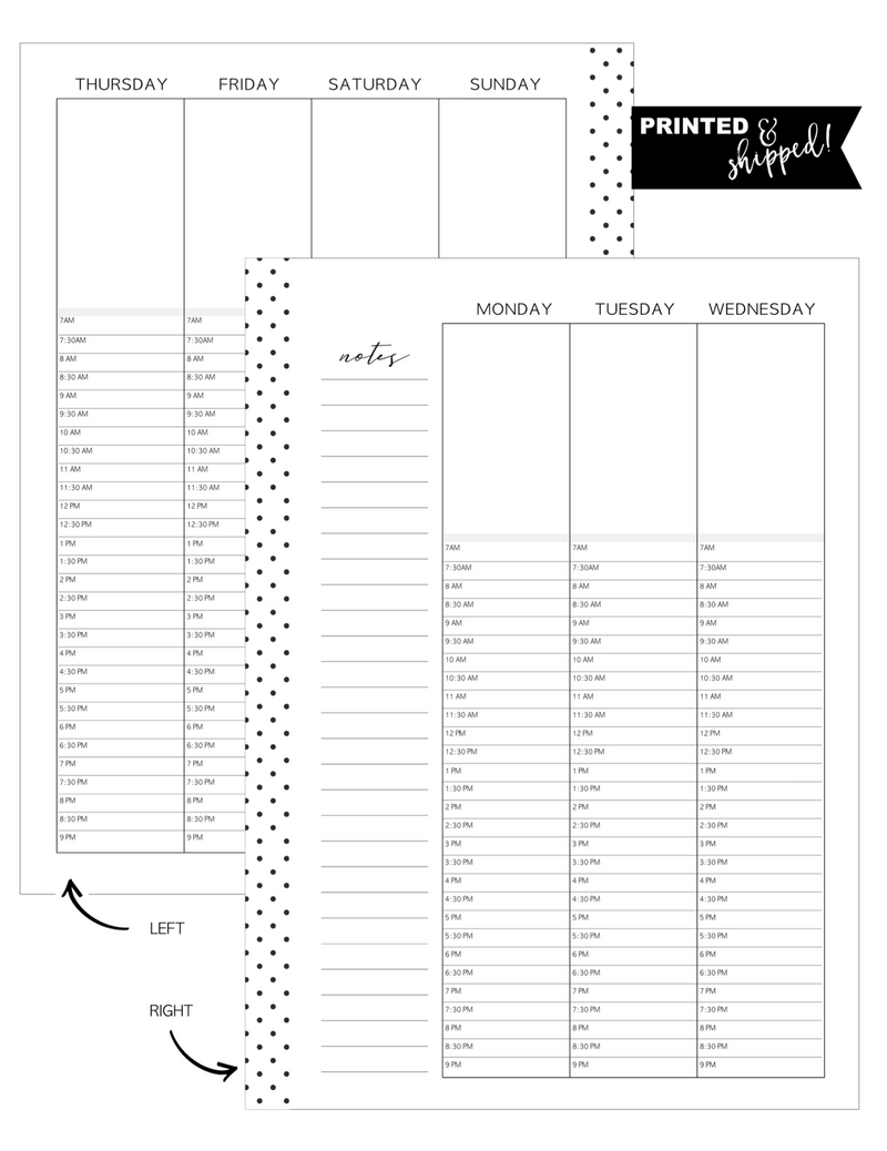 Vertical Hourly Planner Inserts MONDAY START [One Month] <Un-Dated PRINTED AND SHIPPED>