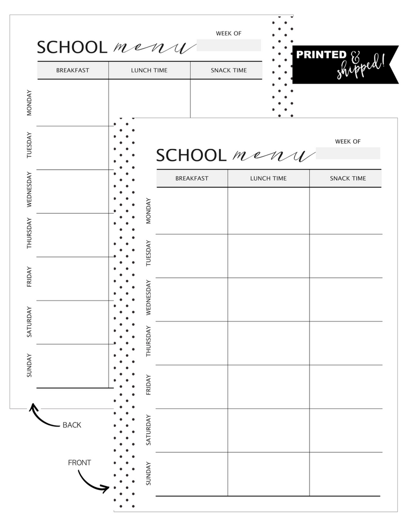 School Menu Fill Paper <PRINTED AND SHIPPED>
