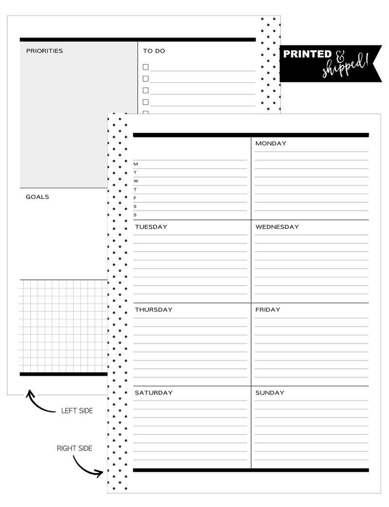 Dashboard Layout Planner Inserts MONDAY START <Un-Dated PRINTED AND SHIPPED>