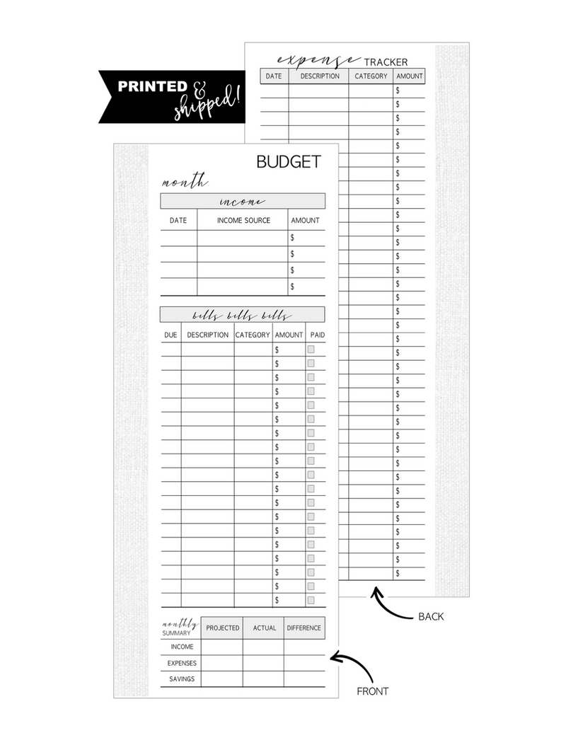 Budget and Exepense HALF SHEET <PRINTED AND SHIPPED>