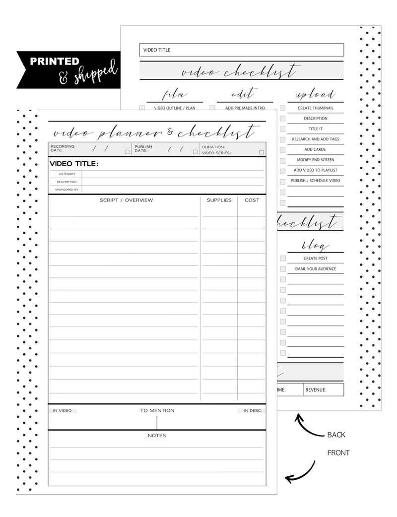 Youtube Planner and Checklist Fill Paper Inserts <PRINTED AND SHIPPED>