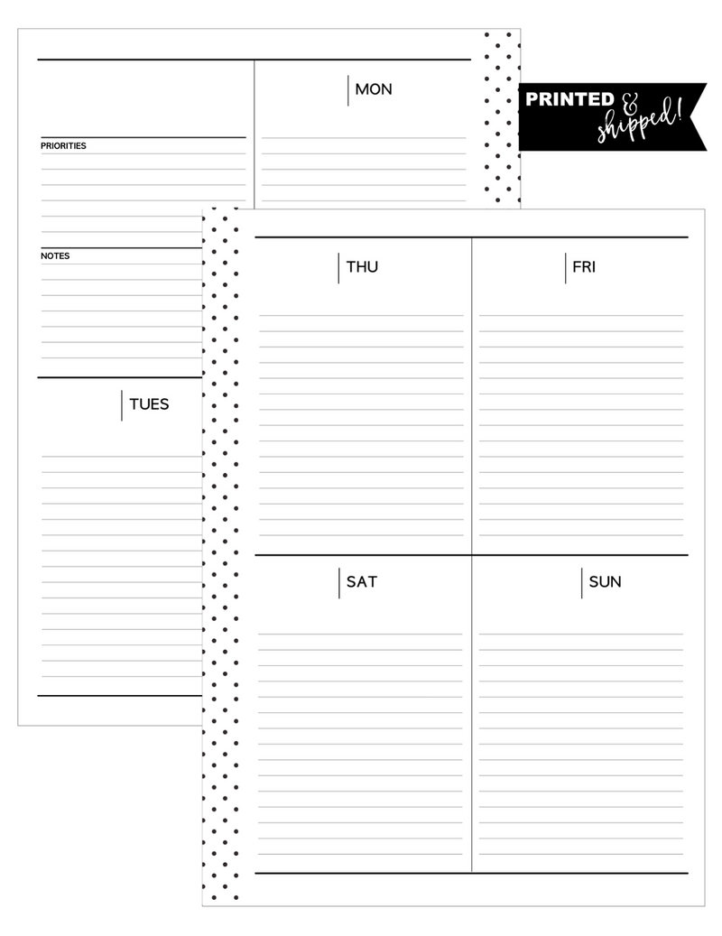 Vertical Week On 2 Planner Inserts MONDAY START [One Month] <Un-Dated PRINTED AND SHIPPED>