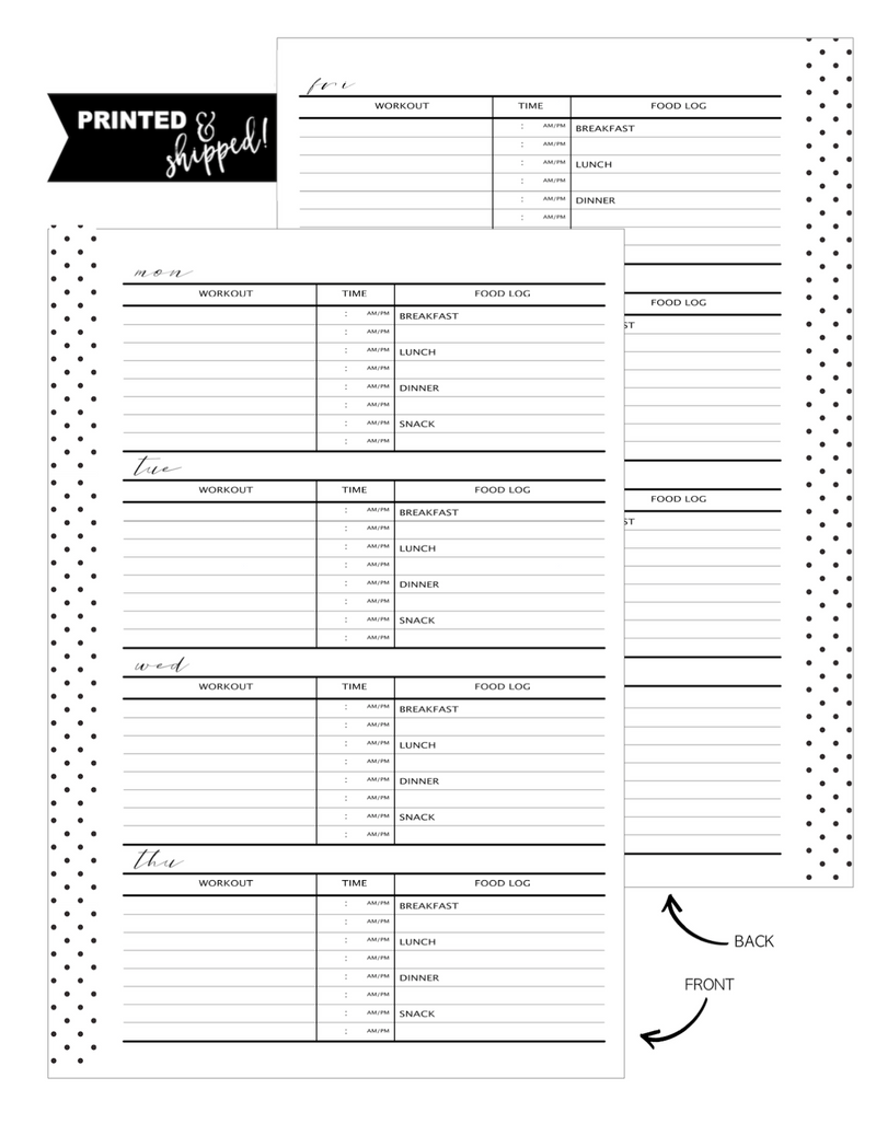 Workout and Food Log Fill Paper <PRINTED AND SHIPPED>