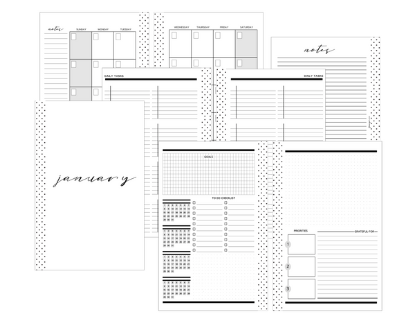 Monthly Tasks Layout Planner Inserts [FULL YEAR] MONDAY START <Un-Dated PRINTED AND SHIPPED>