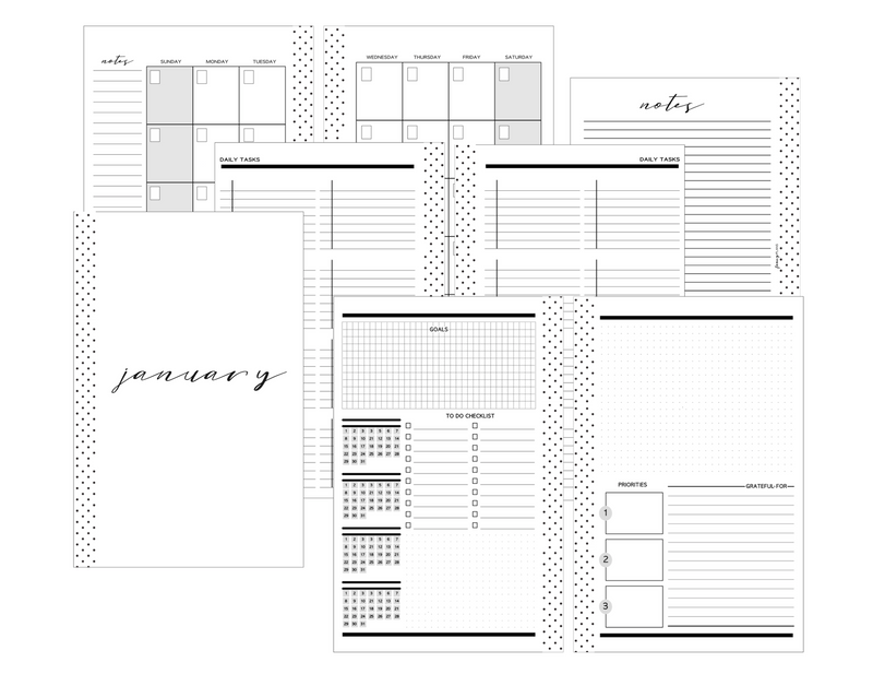 Monthly Tasks Layout Planner Inserts [FULL YEAR] MONDAY START <Un-Dated PRINTED AND SHIPPED>