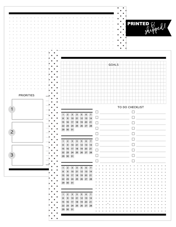 Monthly Tasks Layout Planner Inserts [FULL YEAR] MONDAY START <Un-Dated PRINTED AND SHIPPED>