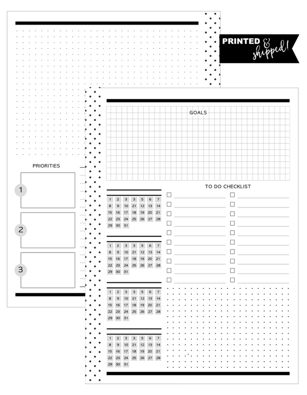 Monthly Tasks Layout Planner Inserts [ONE MONTH] MONDAY START <Un-Dated PRINTED AND SHIPPED>