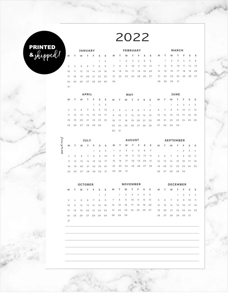 Printed Vellum 2022 Year At A Glance <PRINTED AND SHIPPED>