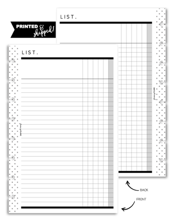 Categorized List Fill Paper Inserts