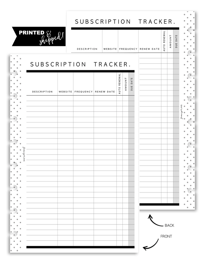 Subscription Tracker Fill Paper Inserts