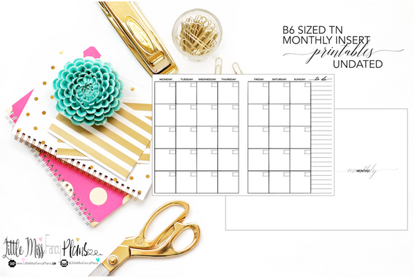 UNDATED Monthly Calendar TN Planning Inserts <Printables> | B6 Travelers Notebook