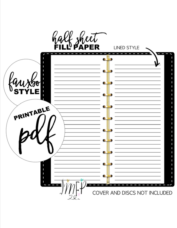 Lined Half Sheet Fill Paper Inserts <PRINTABLE PDF> Skinny Classic