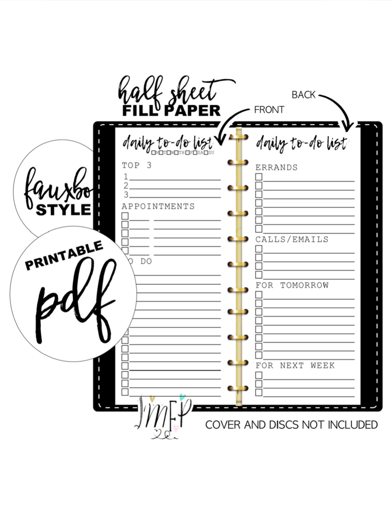 Daily To Do List Half Sheet Fill Paper Inserts <PRINTABLE PDF>