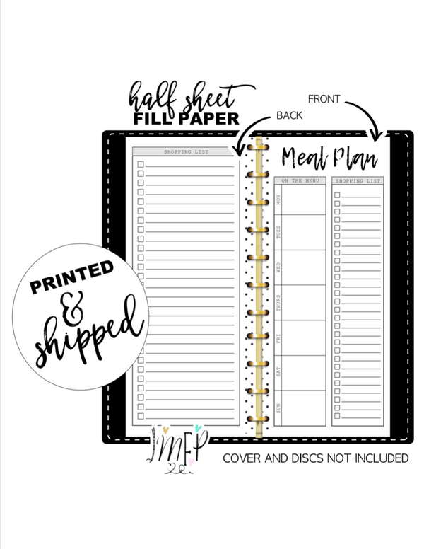Weekly Meal Plan and Grocery List Fill Paper Inserts <PRINTED AND SHIPPED>