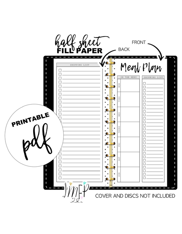 Weekly Meal Plan and Grocery List Half Sheet Fill Paper Inserts <PRINTABLE PDF>