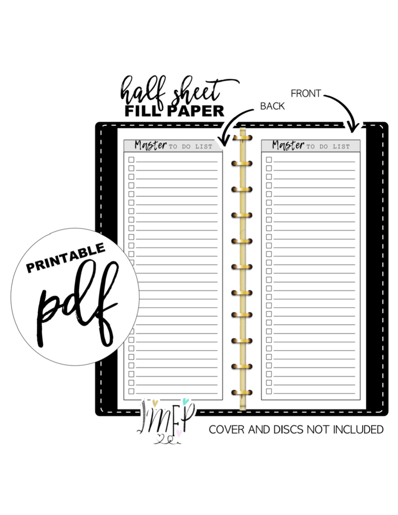 Master To Do List Fill Paper Inserts <PRINTABLE PDF> Half Sheet