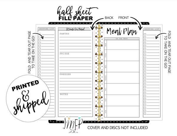 Fold Out Weekly Meal Plan and Grocery List Fill Paper Inserts <PRINTED AND SHIPPED>