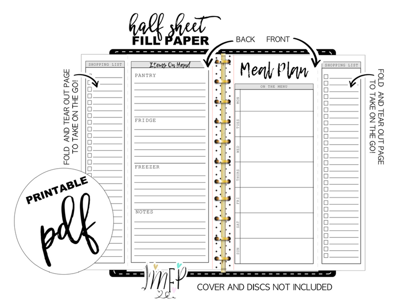 Fold Out Weekly Meal Plan and Grocery List Half Sheet Fill Paper Inserts <PRINTABLE PDF>