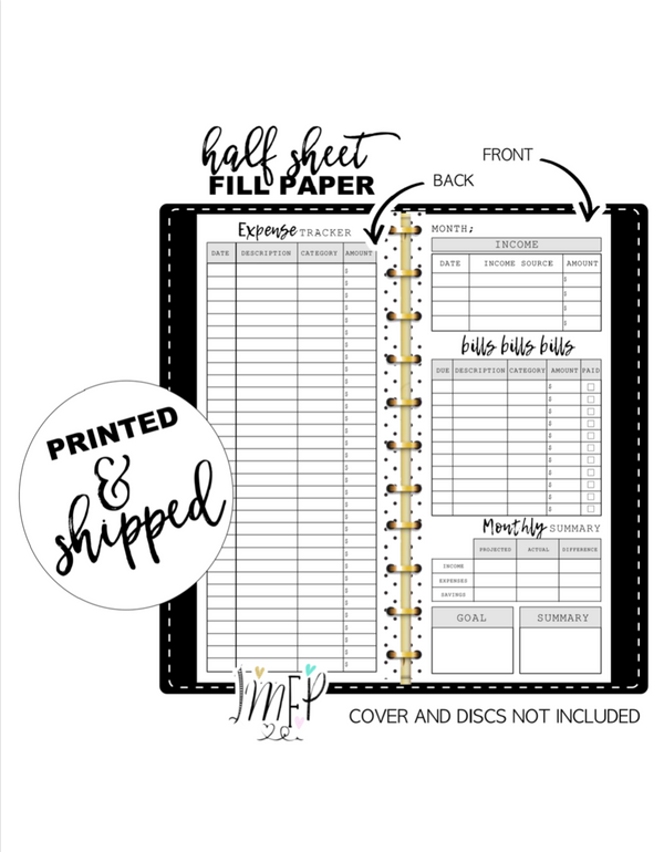 Bill and Expense Tracker Fill Paper Inserts <PRINTED AND SHIPPED>
