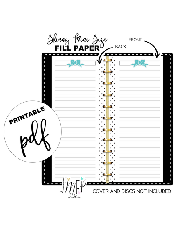 Teal Bow Lined Fill Paper Inserts <PRINTABLE PDF> Skinny Mini