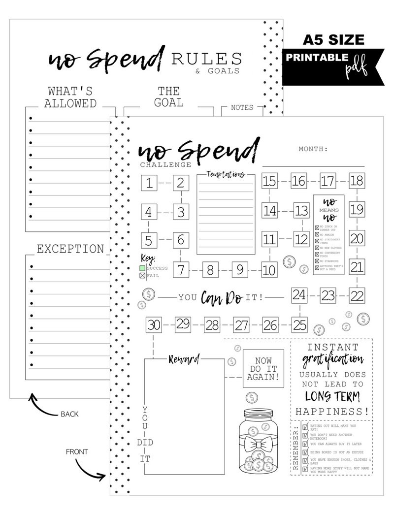 A5 Monthly No Spend Fill Paper Inserts <PRINTABLE PDF>