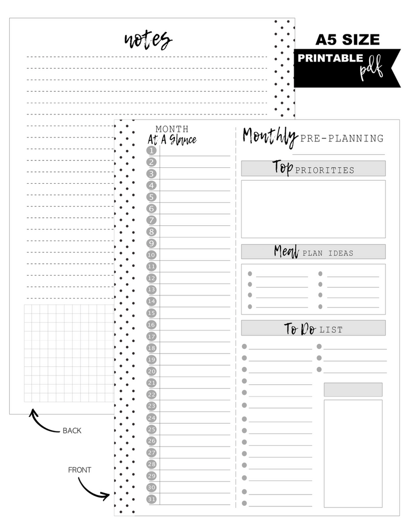 A5 Monthly Pre Planning Fill Paper Inserts <PRINTABLE PDF>