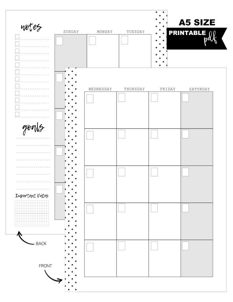 A5 Monthly Pages Planner Inserts <PRINTABLE PDF>